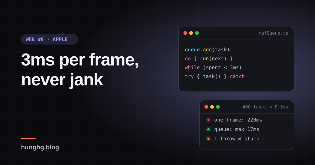 Học từ web lớn #8: Hàng đợi requestAnimationFrame 3ms mỗi frame (Apple)
